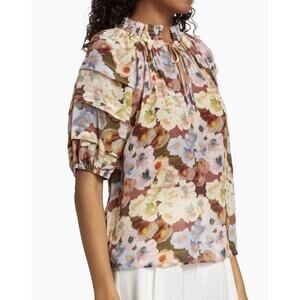 Rails Paris Painted Floral Blouse Women's Medium Crinkle Short Sleeve Boho Artsy